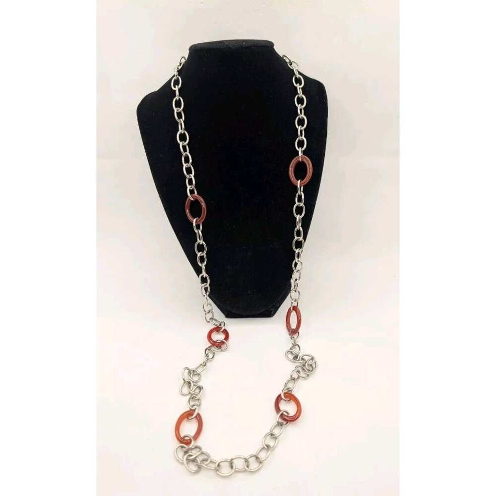 Vintage Milor Stainless Steel Silver  Tone Link W Amber Lucite Necklace